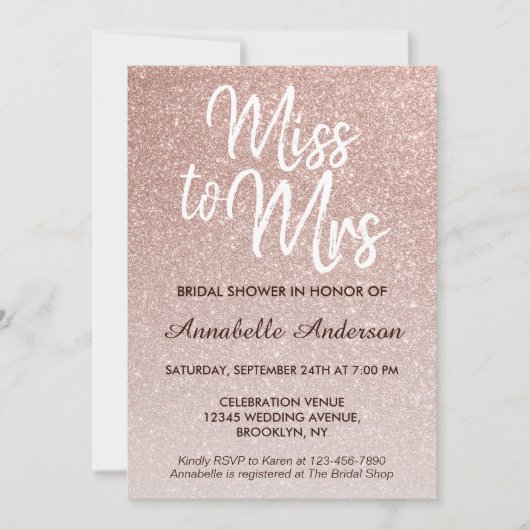 Miss to Mrs Pink Rose Gold Glitter Vrijgezellenfee Kaart (Voorkant)