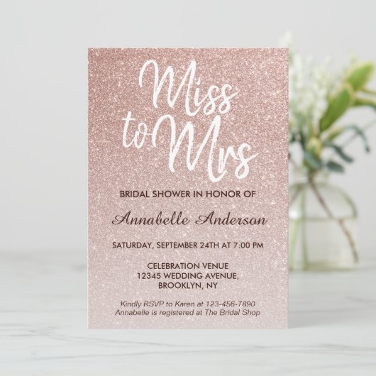 Miss to Mrs Pink Rose Gold Glitter Vrijgezellenfee Kaart (Staand voorkant)