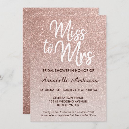 Miss to Mrs Pink Rose Gold Glitter Vrijgezellenfee Kaart (Voorkant / Achterkant)