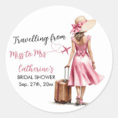 Miss to Mrs Travel Pink Bow Dress Vrijgezellenfees Ronde Sticker (Voorkant)