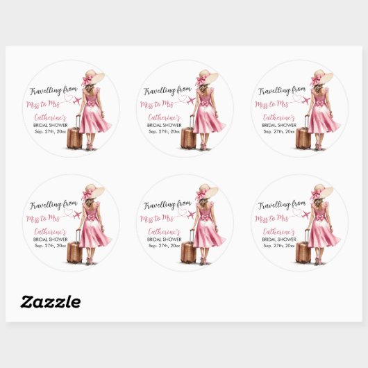 Miss to Mrs Travel Pink Bow Dress Vrijgezellenfees Ronde Sticker (Vel)