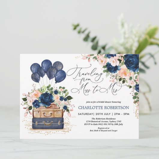 Miss to Mrs. Vrijgezellenfeest Navy Blush Flowers Kaart (Staand voorkant)