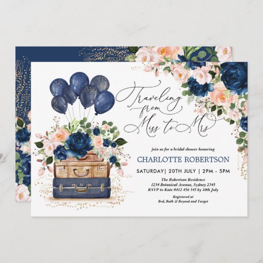 Miss to Mrs. Vrijgezellenfeest Navy Blush Flowers Kaart (Voorkant / Achterkant)