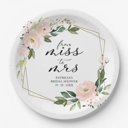Miss tot Mrs Roze Blos Geometrië Trouw Bruiloft Papieren Bordje (Voorkant)