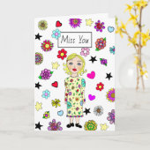 Miss U, vriendschap, meisje met bloemen Kaart (Gele Bloem)