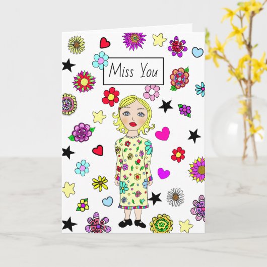 Miss U, vriendschap, meisje met bloemen Kaart (Gele Bloem)