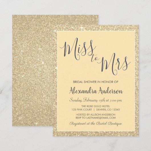 Miss voor Mrs Gold Glitter Vrijgezellenfeest Kaart (Voorkant / Achterkant)