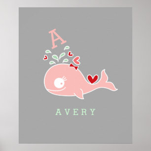 Miss Whale Red Bow Monogram Girl Nursery Wall Art Poster