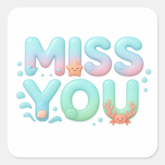 Miss You Glossy Ocean Pastel Word Vierkante Sticker (Voorkant)