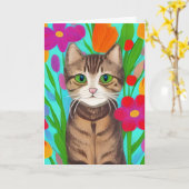 Miss You Leuke Grijze Kat met Kleurrijke Bloemen Kaart (Gele Bloem)