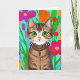 Miss You Leuke Grijze Kat met Kleurrijke Bloemen Kaart