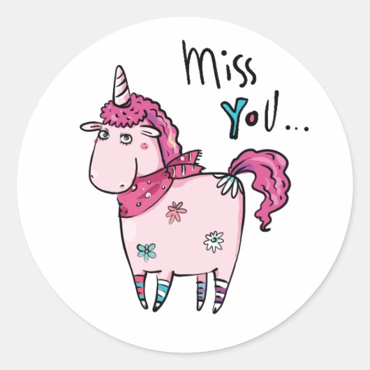 Miss You Unicorn Ronde Sticker (Voorkant)
