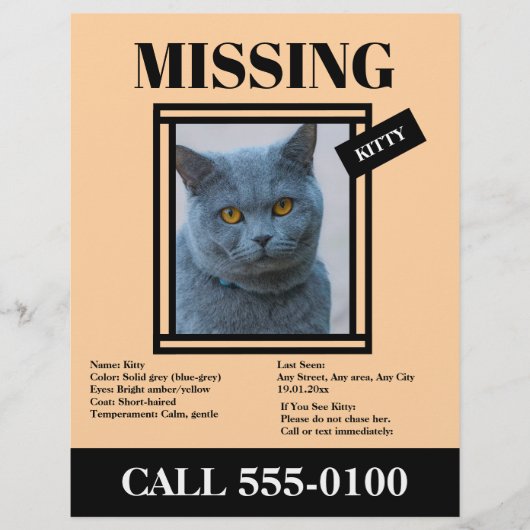 Missing Pet Flyer Custom Photo, Info (Voorkant)