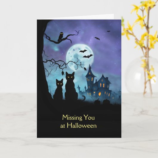 Missing You bij Halloween Schattige Cats Owl Bats Kaart (Gele Bloem)