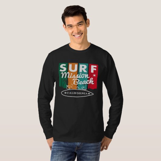 Mission Beach California Surf Surfboard Retro Vin T-shirt (Voorkant volledig)