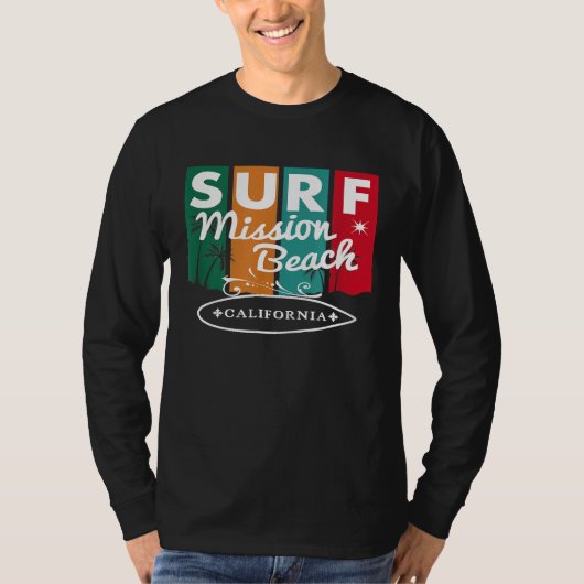 Mission Beach California Surf Surfboard Retro Vin T-shirt (Voorkant)
