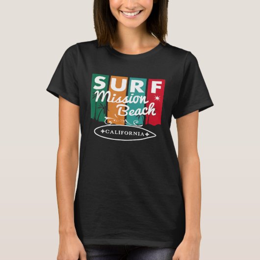 Mission Beach California Surf Surfboard Retro Vin T-shirt (Voorkant)