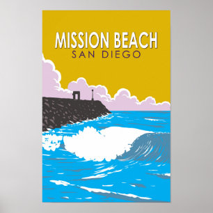 Mission Beach Californië Reis Kunst Vintage Poster