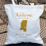 Mississippi Map Wedding Welcome Bag, Gold Tote Bag<br><div class="desc">Het weekend van de bruiloft heet cadeautas voor gasten uit de stad voor je bruiloft,  met afbeelding van Mississippi,  met hart dat je op de precieze locatie kunt plaatsen. Vul tas met je favoriete godies.</div>