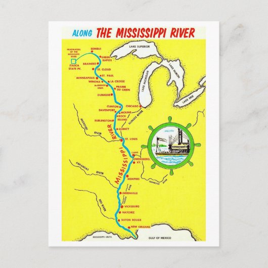 Mississippi River Map Vintage Postcard Briefkaart (Voorkant)