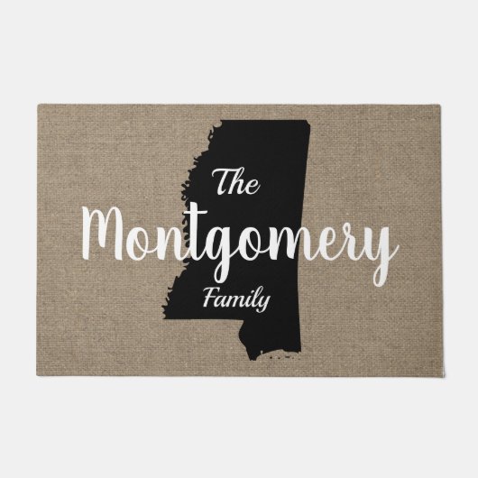 Mississippi Silhouette en Faux Burlap Script Deurmat (Voorkant)