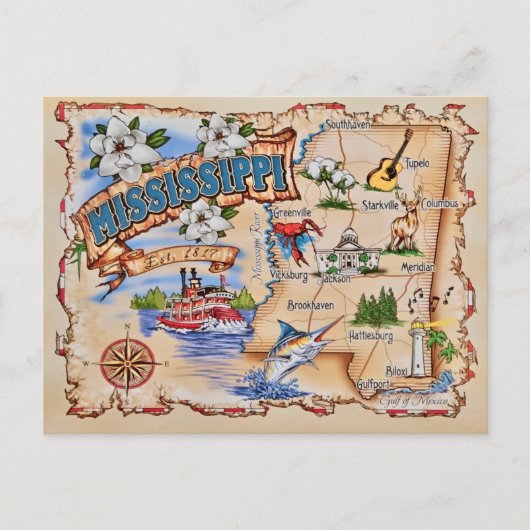 Mississippi State Map Postcard  Briefkaart (Voorkant)