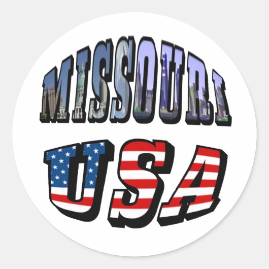 Missouri Afbeelding en USA Text Ronde Sticker (Voorkant)