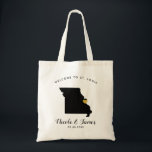 Missouri Kaart Bruiloft Welkomsttas Tas Zwart & Go<br><div class="desc">Bruiloft weekend welkomstgeschenk tas voor buiten de stad gasten naar uw bruiloft,  met afbeelding van Missouri,  met gouden hart. Vul tas met je favoriete lekkers.</div>