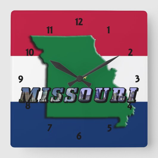 Missouri Map, Text and State Flag Clock Vierkante Klok (Voorkant)