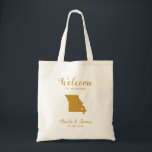 Missouri Map Wedding Welcome Bag, Gold Tote Bag<br><div class="desc">Het weekend van de bruiloft heet cadeautas voor gasten uit de stad voor je bruiloft,  met afbeelding van Missouri,  met hart dat je op de precieze locatie kunt plaatsen. Vul tas met je favoriete godies.</div>