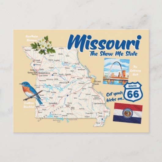 Missouri MO Show Me State Map Route 66 Briefkaart (Voorkant)