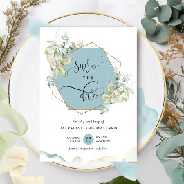 Mist Blue, Elegant Greenery en Waterverf Wedding Save The Date