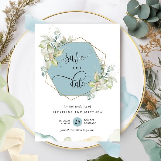 Mist Blue, Elegant Greenery en Waterverf Wedding Save The Date