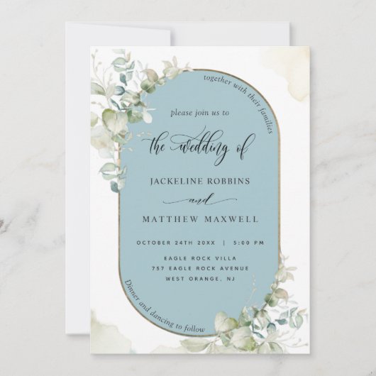 Mist Blue, Eucalyptus Oval Arch, Greenery Wedding Kaart (Voorkant)