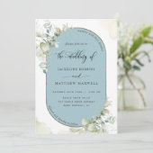 Mist Blue, Eucalyptus Oval Arch, Greenery Wedding Kaart (Staand voorkant)