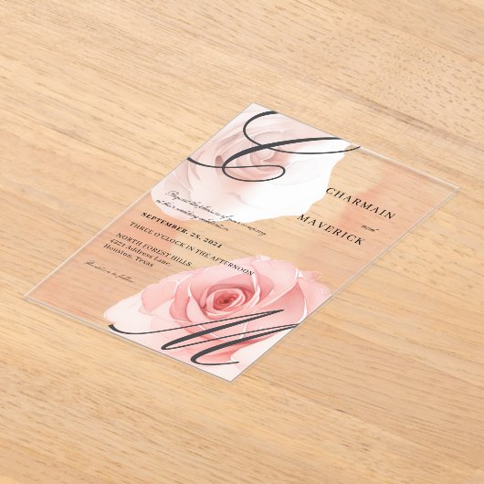 Mist Blush Roze Monogram Huwelijk Acryl Uitnodigingen (Laagn)