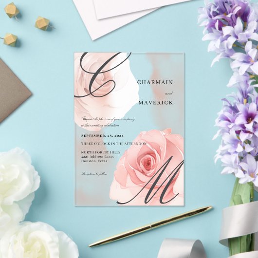 Mist Blush Roze Monogram Huwelijk Acryl Uitnodigingen (Insitu (Huwelijk))