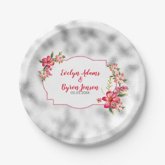 Mistachtig licht grijs glas en roze bloemen papieren bordje (Voorkant)