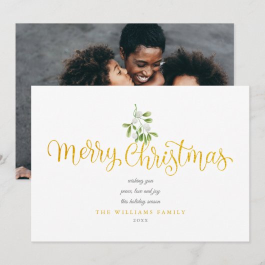 Misteltoe Goud Schrift Prettig Kerstmis Foto Feestdagenkaart (Voorkant / Achterkant)