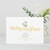 Misteltoe Goud Schrift Prettig Kerstmis Foto Feestdagenkaart (Staand voorkant)