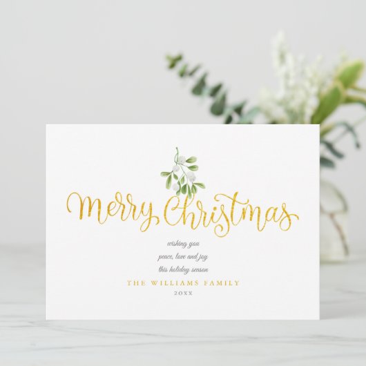 Misteltoe Goud Schrift Prettig Kerstmis Foto Feestdagenkaart (Staand voorkant)