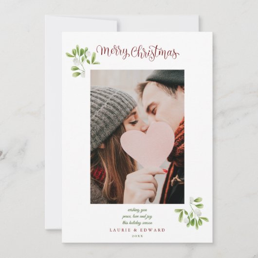 Misteltoe Script Prettig Kerstmis Koppels Foto Feestdagenkaart (Voorkant)