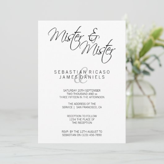 Mister en Mister Elegant Text Gay Wedding Kaart (Staand voorkant)
