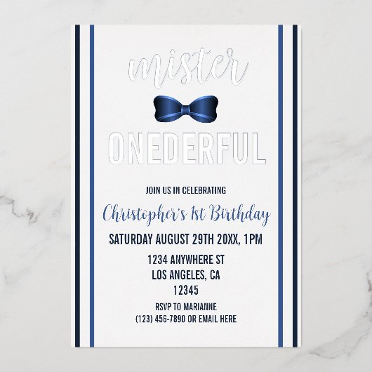 Mister Onederful Bow Stropdas 1e verjaardag Folie Uitnodiging (Voorkant)