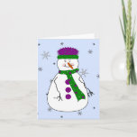 Mister Snowman, sneeuwsneeuwwitje Feestdagen Kaart<br><div class="desc">Mister Snowman is helemaal gekleed in zijn heldere magenta paarse en kerstgroene winterkleding en houdt ervan te staan met de sneeuw die glimlacht en naar mensen die voorbijgaan zwaait. Dit kaartontwerp zou geweldig zijn voor elke keer dat je een glimlach op iemands manier wilt sturen. Voeg tekst toe en maak...</div>