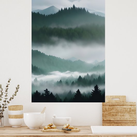 mistig bergbos poster (Keuken)