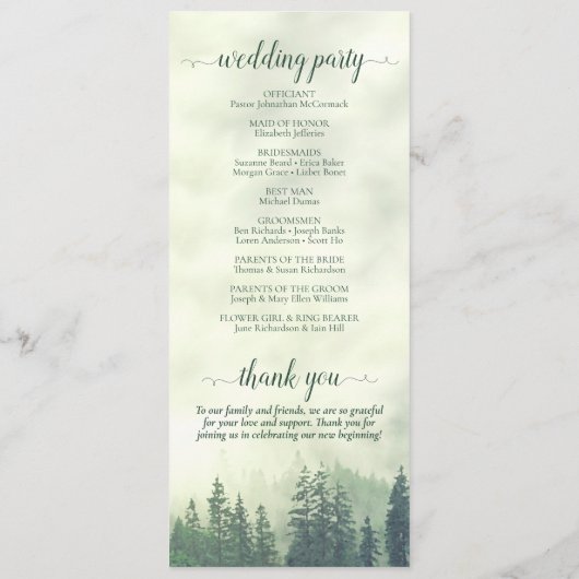 mistig groen berg dennenbos rustieke bruiloft programmakaart (Achterkant)