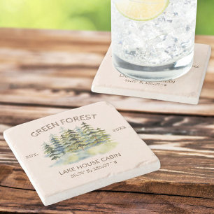 mistig groen bos Waterverf Cabin Lodge Stenen Onderzetter