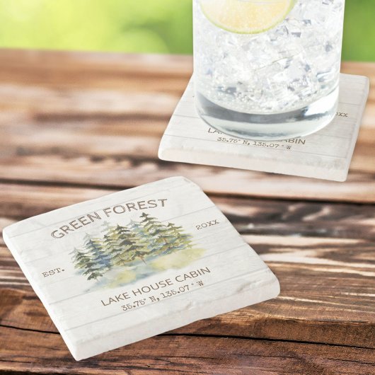 mistig groen bos Waterverf Cabin Lodge Stenen Onderzetter