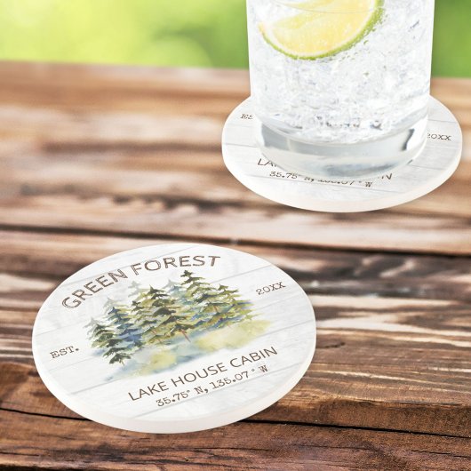  mistig groen bos Waterverf Cabin Lodge Zandsteen Onderzetter